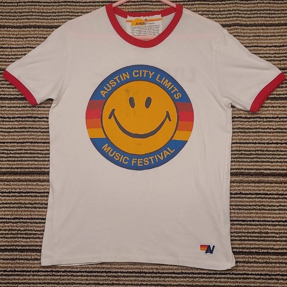 AVIATOR NATION White Red ACL Smiley Cotton Blend Mens Sz M Short Sleeve Shirt